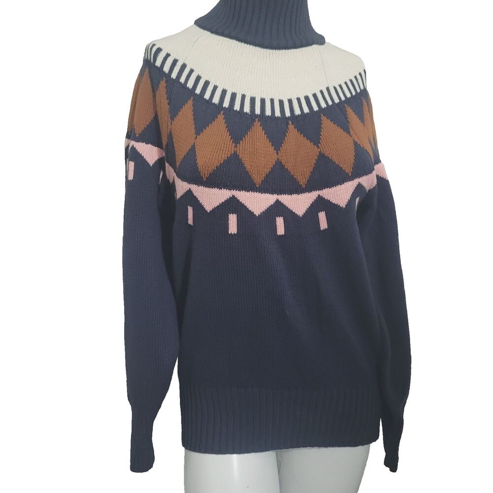Free Assembly Small knit sweater pullover ribbed stretch geometric wool diamond
